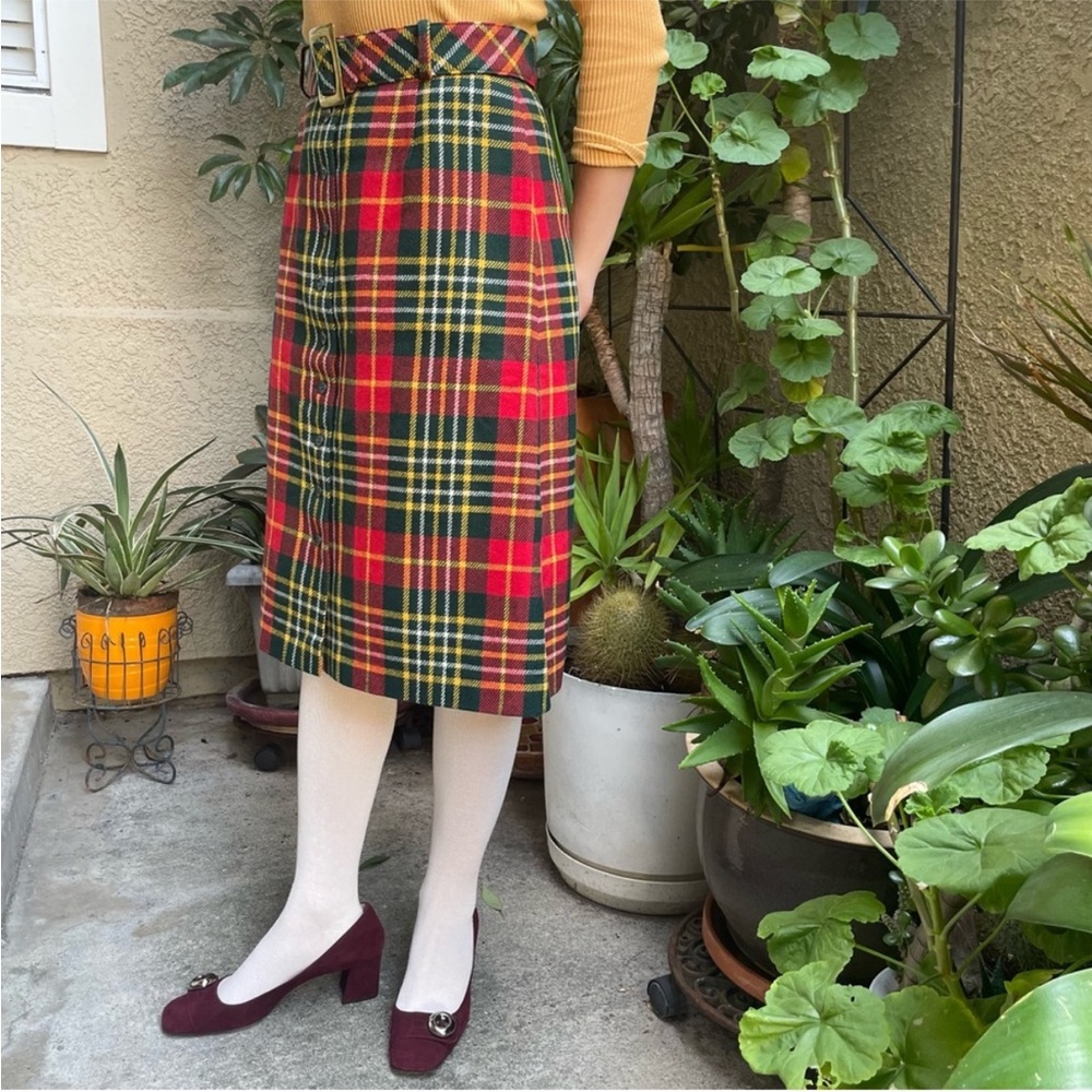 Vintage 70’s Multicolor Plaid Midi Button Down Skirt with Wide Belt